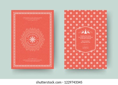 Christmas greeting card design template. Merry Christmas and holidays wishes retro typographic label and place for text with pattern background. Vector illustration.