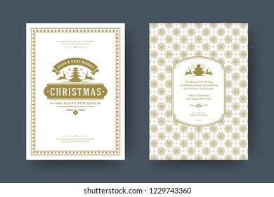 Christmas greeting card design template. Merry Christmas and holidays wishes retro typographic label and place for text with pattern background. Vector illustration.