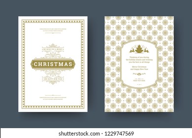 Christmas greeting card design template. Merry Christmas and holidays wishes retro typographic label and place for text with pattern background. Vector illustration.