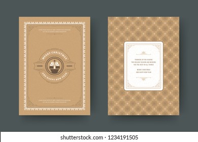 Christmas greeting card design template. Merry Christmas and holidays wishes retro typographic label and place for text with pattern background. Vector illustration.