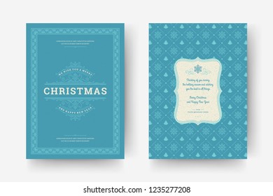 Christmas greeting card design template. Merry Christmas and holidays wishes retro typographic label and place for text with pattern background. Vector illustration.
