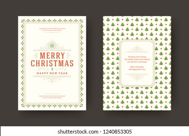 Christmas greeting card design template. Merry Christmas and holidays wishes retro typographic label and place for text with pattern background. Vector illustration.