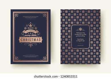 Christmas greeting card design template. Merry Christmas and holidays wishes retro typographic label and place for text with pattern background. Vector illustration.
