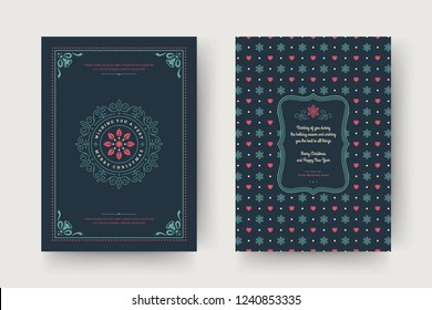 Christmas greeting card design template. Merry Christmas and holidays wishes retro typographic label and place for text with pattern background. Vector illustration.