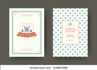 Christmas greeting card design template. Merry Christmas and holidays wishes retro typographic label and place for text with pattern background. Vector illustration.