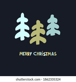 Christmas greeting card design template. Hand drawn snowy fir trees, Merry Christmas hand lettering on dark blue background