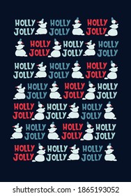 Christmas greeting card design template. Hand drawn funny snowmen, Holly Jolly hand lettering on dark blue background