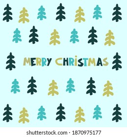 Christmas greeting card design template. Merry Christmas hand lettering, light blue background with hand drawn snowy fir trees