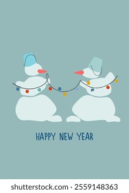 Christmas greeting card design template. Hand drawn funny snowmen, Merry Christmas or Happy New Year hand lettering