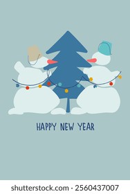Christmas greeting card design template. Hand drawn funny snowmen, Merry Christmas or Happy New Year hand lettering