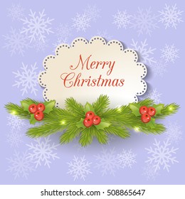 Christmas greeting card design template. Paper cut ornamental frame on blue background. Cutout doily with fir twigs and Christmas decorations. Vector illustration.