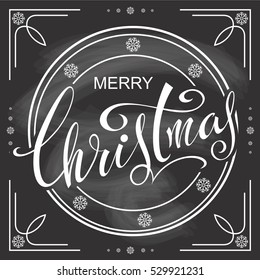 Christmas greeting card design template with littering on black chalkboard vector background.