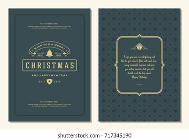 Christmas greeting card design template. Merry Christmas and holidays wishes retro typographic label and place for text. Vector illustration.