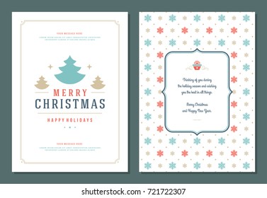 Christmas greeting card design template. Merry Christmas and holidays wishes retro typographic label and place for text. Vector illustration.