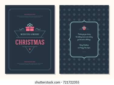 Christmas greeting card design template. Merry Christmas and holidays wishes retro typographic label and place for text. Vector illustration.