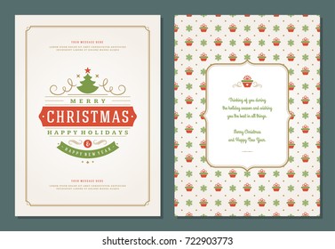 Christmas greeting card design template. Merry Christmas and holidays wishes retro typographic label and place for text. Vector illustration.