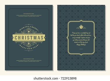 Christmas greeting card design template. Merry Christmas and holidays wishes retro typographic label and place for text. Vector illustration.