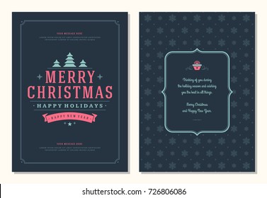 Christmas greeting card design template. Merry Christmas and holidays wishes retro typographic label and place for text. Vector illustration.