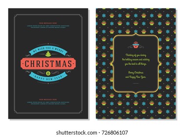 Christmas greeting card design template. Merry Christmas and holidays wishes retro typographic label and place for text. Vector illustration.