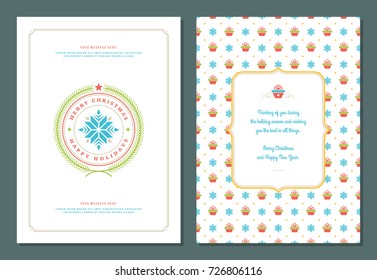 Christmas greeting card design template. Merry Christmas and holidays wishes retro typographic label and place for text. Vector illustration.