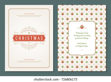 Christmas greeting card design template. Merry Christmas and holidays wishes retro typographic label and place for text. Vector illustration.