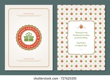 Christmas greeting card design template. Merry Christmas and holidays wishes retro typographic label and place for text. Vector illustration.