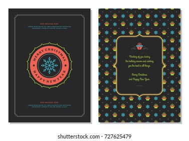 Christmas greeting card design template. Merry Christmas and holidays wishes retro typographic label and place for text. Vector illustration.