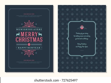 Christmas greeting card design template. Merry Christmas and holidays wishes retro typographic label and place for text. Vector illustration.