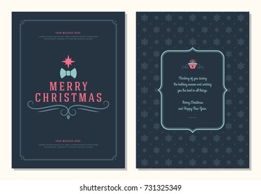 Christmas greeting card design template. Merry Christmas and holidays wishes retro typographic label and place for text. Vector illustration.