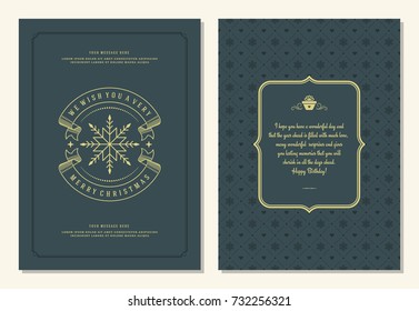 Christmas greeting card design template. Merry Christmas and holidays wishes retro typographic label and place for text. Vector illustration.
