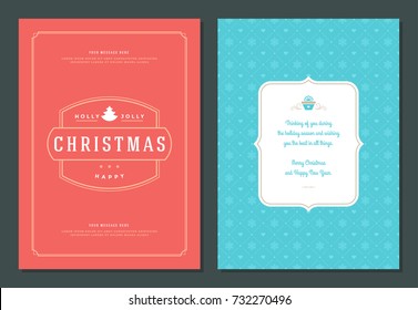 Christmas greeting card design template. Merry Christmas and holidays wishes retro typographic label and place for text. Vector illustration.
