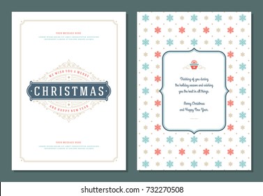 Christmas greeting card design template. Merry Christmas and holidays wishes retro typographic label and place for text. Vector illustration.