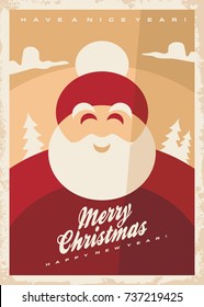 Christmas greeting card design template with smiling Santa Claus on old retro background. Merry Christmas and Happy New Year vintage poster concept.