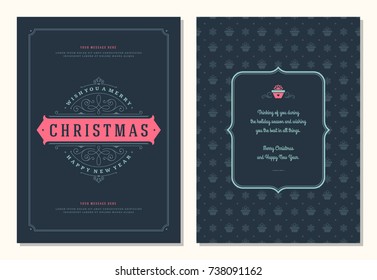 Christmas greeting card design template. Merry Christmas and holidays wishes retro typographic label and place for text. Vector illustration.