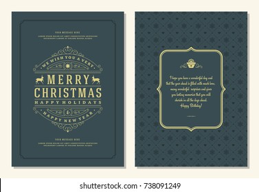 Christmas greeting card design template. Merry Christmas and holidays wishes retro typographic label and place for text. Vector illustration.