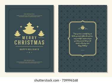 Christmas greeting card design template. Merry Christmas and holidays wishes retro typographic label and place for text. Vector illustration.