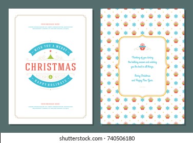 Christmas greeting card design template. Merry Christmas and holidays wishes retro typographic label and place for text. Vector illustration.