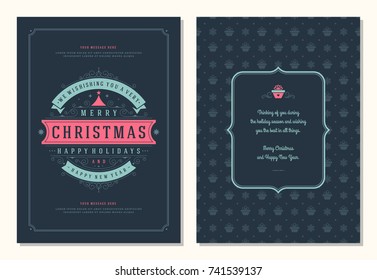 Christmas greeting card design template. Merry Christmas and holidays wishes retro typographic label and place for text. Vector illustration.