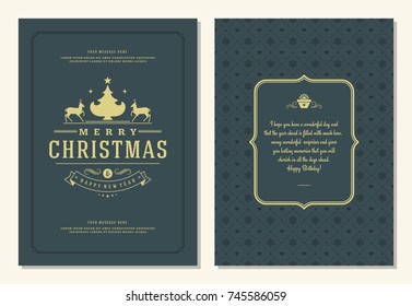 Christmas greeting card design template. Merry Christmas and holidays wishes retro typographic label and place for text. Vector illustration.