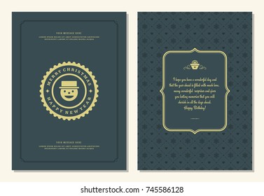 Christmas greeting card design template. Merry Christmas and holidays wishes retro typographic label and place for text. Vector illustration.