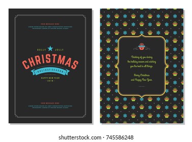 Christmas greeting card design template. Merry Christmas and holidays wishes retro typographic label and place for text. Vector illustration.