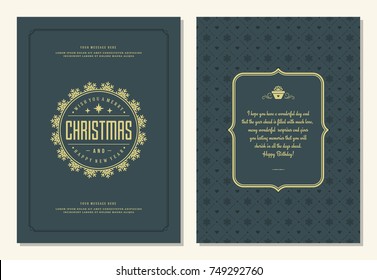 Christmas greeting card design template. Merry Christmas and holidays wishes retro typographic label and place for text. Vector illustration.
