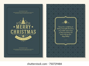 Christmas greeting card design template. Merry Christmas and holidays wishes retro typographic label and place for text. Vector illustration.