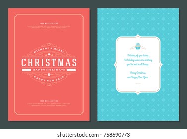 Christmas greeting card design template. Merry Christmas and holidays wishes retro typographic label and place for text. Vector illustration.