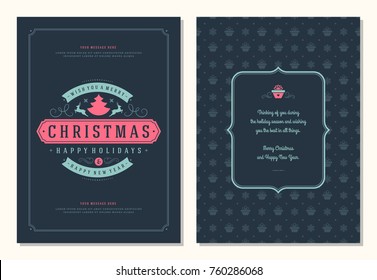 Christmas greeting card design template. Merry Christmas and holidays wishes retro typographic label and place for text. Vector illustration.