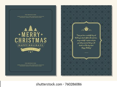 Christmas greeting card design template. Merry Christmas and holidays wishes retro typographic label and place for text. Vector illustration.