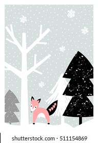 Christmas greeting card design with trees, snowflakes and a cute fox in pastel colors. Modern winter season poster, brochure, wall art design.