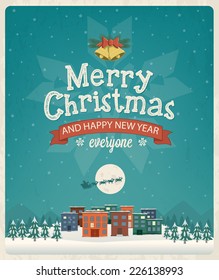 Christmas greeting card design. Vector town background