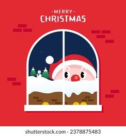 Christmas greeting card design. Vector illustrations for holiday post graphic with Santa Claus, Christmas tree, Snowman and snow house