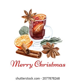 Christmas greeting card design with watercolor christmas elements. Festive illustration